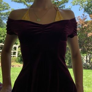 Maroon velvet mini dress.
